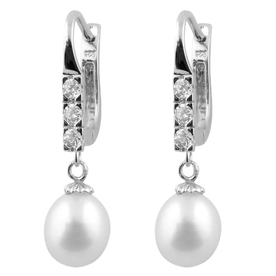 Sterling Silver 7-8mm White Freshwater Pearls and Cubic Zirconia Earrings