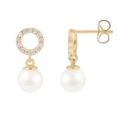 14K Yellow Gold 6.5-7mm Akoya Pearls and 0.20ctw Diamond Earrings