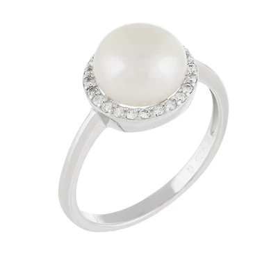 Sterling Silver 8-9mm Freshwater Pearl and Cubic Zirconia Ring