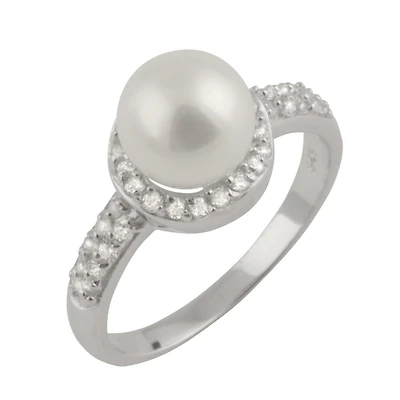 Sterling Silver 7.5-8mm Freshwater Pearl and Cubic Zirconia Ring