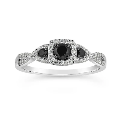 Sterling Silver Black & White 0.45CTW Diamond Promise Ring