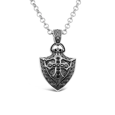 Sterling Silver Cubic Zirconia Cross Shield Pendant with 24" Rolo Chain