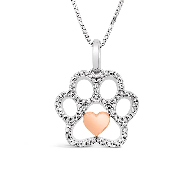 Sterling Silver & 10K Rose Gold 0.03CTW Paw with Heart Pendant