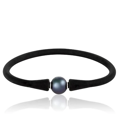 Black Silicone Black Freshwater Pearl 8" Bracelet