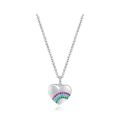 Sterling Silver 19" Cubic Zirconia Rainbow Heart Pendant