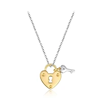 Sterling Silver Yellow Plated 19" Cubic Zirconia Heart Lock & Key Pendant