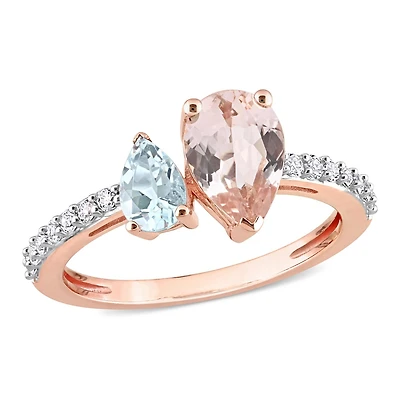 Julianna B 10K Rose Gold Aquamarine and Morganite White Topaz Ring