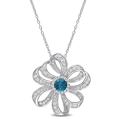Julianna B Sterling Silver London Blue Topaz and White Topaz Flower Necklace