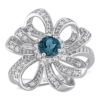 Julianna B Sterling Silver London Blue Topaz and White Flower Ring