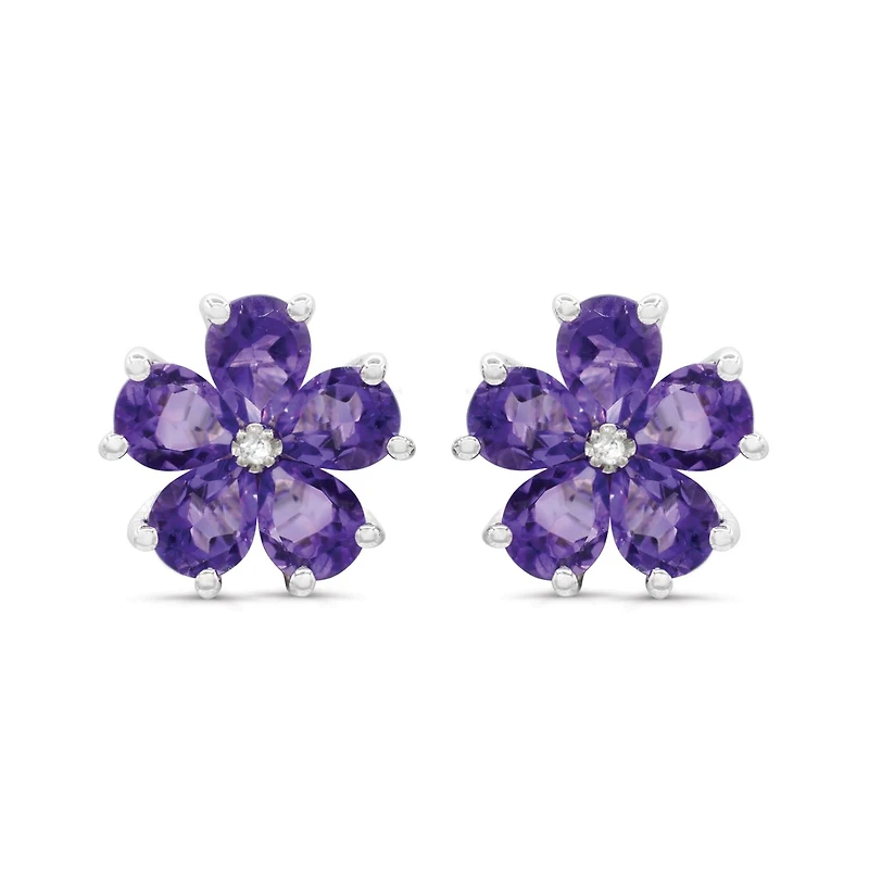 Sterling Silver Amethyst and Diamond Flower Earrings