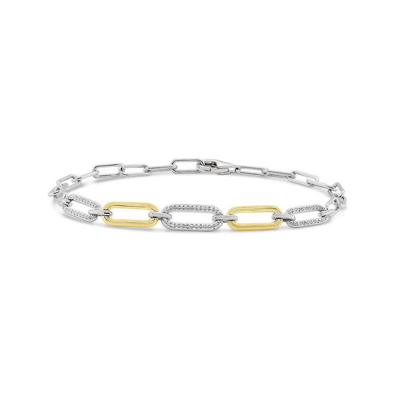 Sterling Silver 10K Yellow Gold 0.18CTW Diamond Paperclip Bracelet