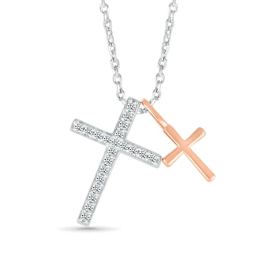 Sterling Silver & Rose Gold Diamond Crosses Necklace