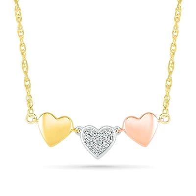 10K Tri-Colour Gold Heart Trio Diamond Necklace