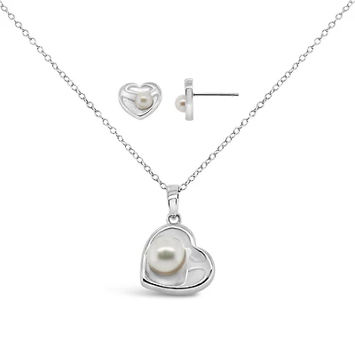 Sterling Silver White Freshwater Pearl Heart Shaped Pendant and Earrings