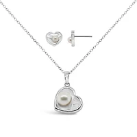 Sterling Silver White Freshwater Pearl Heart Shaped Pendant and Earrings