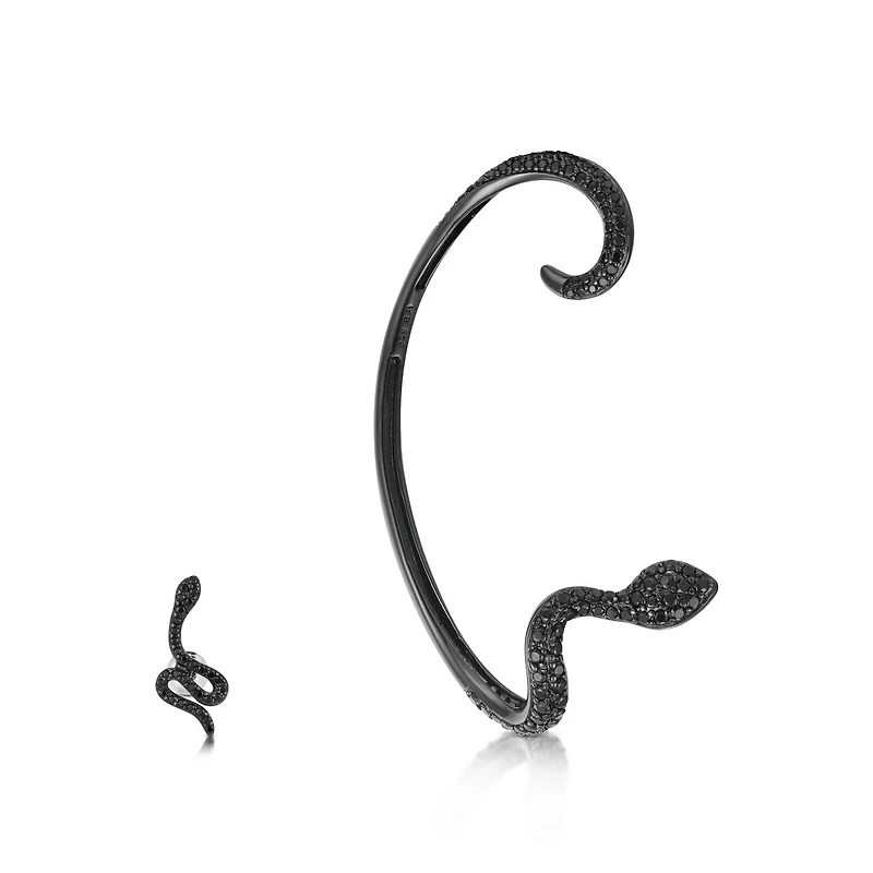 Sterling Silver Cubic Zirconia Black Right Snake Ear Cuff and Stud