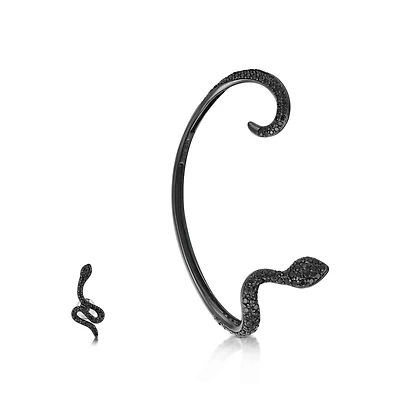 Sterling Silver Cubic Zirconia Black Right Snake Ear Cuff and Stud