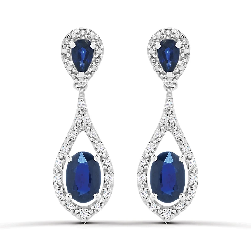 10K White Gold Blue Sapphire and Diamond Dangle Earrings