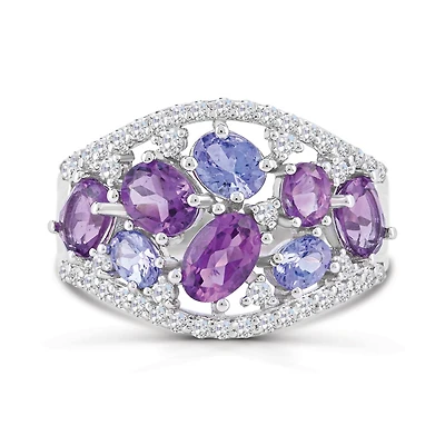 Sterling Silver Amethyst, Tanzanite and White Topaz Ring