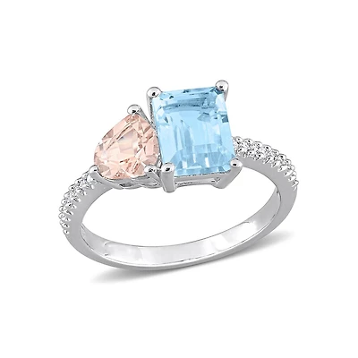 Julianna B Sterling Silver 0.10CTW Diamond, Blue Topaz & Morganite Ring