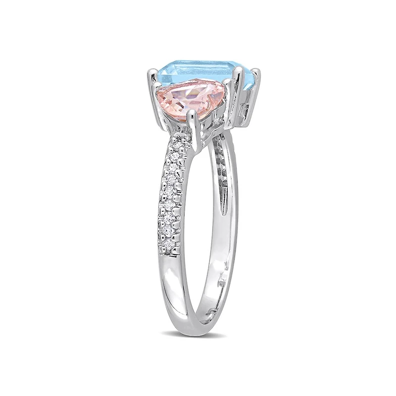 Julianna B Sterling Silver 0.10CTW Diamond, Blue Topaz & Morganite Ring