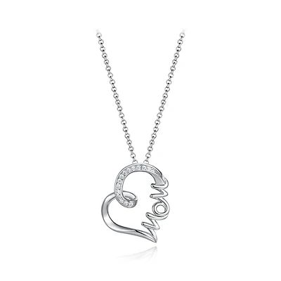 Sterling Silver Cubic Zirconia 19" Mom Heart Pendant