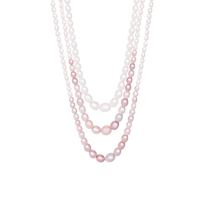 Sterling Silver 60" 4MM-11MM White and Purple Freshwater Pearl Necklace