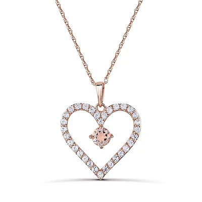10K Rose Gold Morganite and White Zircon Heart 18" Pendant