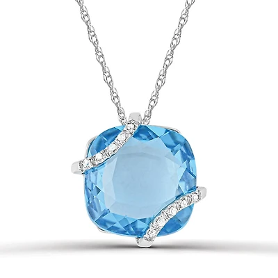 10K White Gold Swiss Blue Topaz and Diamond 18" Pendant