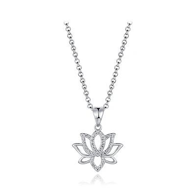 Sterling Silver Cubic Zirconia Lotus 19" Pendant