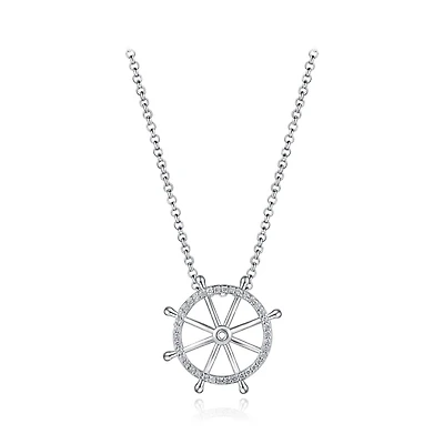 Sterling Silver Cubic Zirconia Ship Wheel 19" Pendant