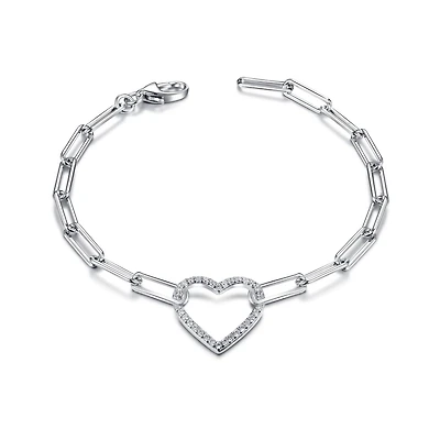 Sterling Silver Cubic Zirconia Heart Link 7" Bracelet