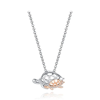 Sterling Silver Rose Plated Cubic Zirconia Turtle 19" Pendant