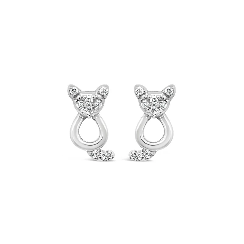 Charming Friends Sterling Silver Diamond Cat Stud Earrings