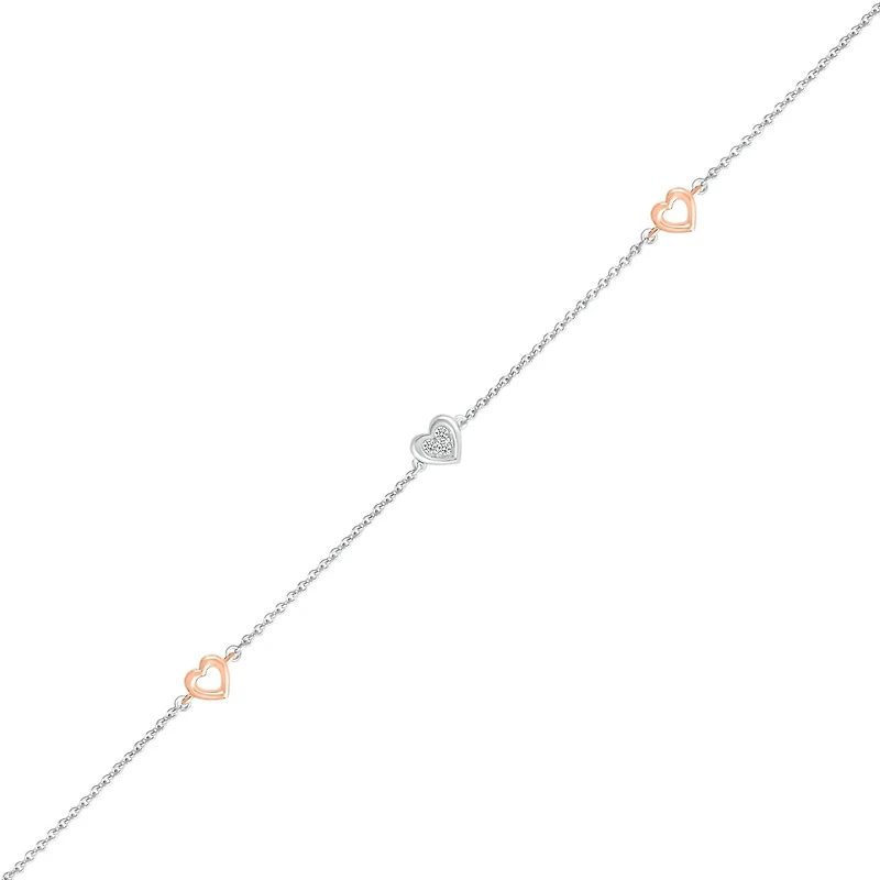 Bella Moda Sterling Silver & 10K Rose Gold Diamond Triple Heart Anklet