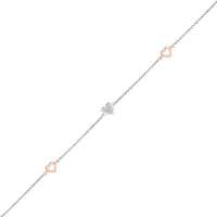 Bella Moda Sterling Silver & 10K Rose Gold Diamond Triple Heart Anklet