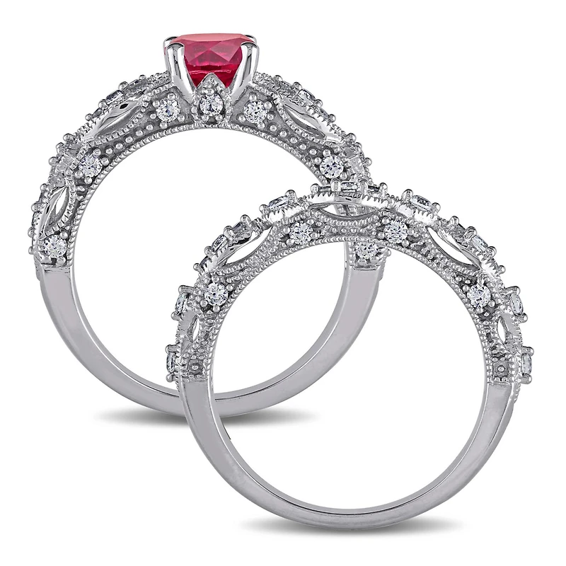 Julianna B 10K White Gold Created Ruby Created White Sapphire Diamond Bridal Set