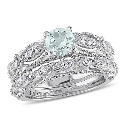Julianna B 10K White Gold Aquamarine Created White Sapphire Diamond Bridal Set