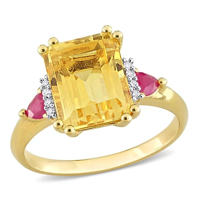 Julianna B 18K Yellow Gold Plated Sterling Silver Citrine, Ruby and Diamond Ring