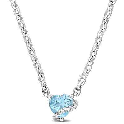 Julianna B Sterling Silver Heart Shape Blue Topaz and Diamond Necklace