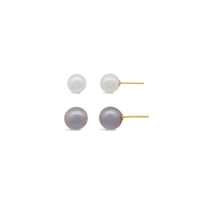 14K Yellow Gold 7-8mm White & Grey Freshwater Pearl Earrings