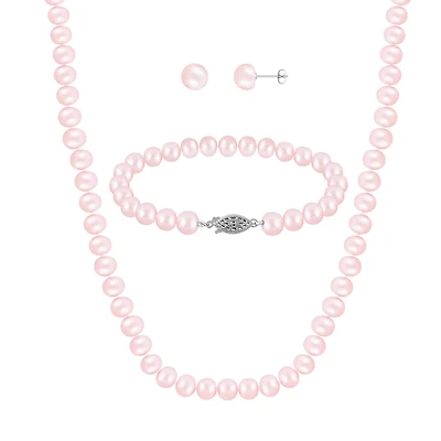 Sterling Silver 7-8mm Pink Freshwater Pearl Bracelet Earrings and Necklace Set