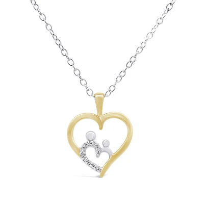 Sterling Silver Yellow Gold Plated Diamond Heart Mom and Child Pendant