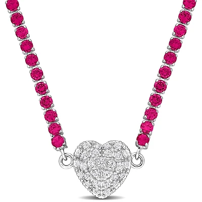 Julianna B Sterling Silver Created Ruby Created Sapphire Heart 17" Necklace
