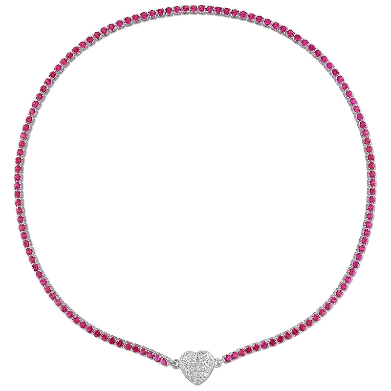 Julianna B Sterling Silver Created Ruby Created Sapphire Heart 17" Necklace