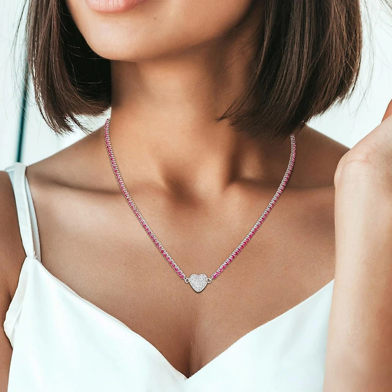 Julianna B Sterling Silver Created Ruby Created Sapphire Heart 17" Necklace