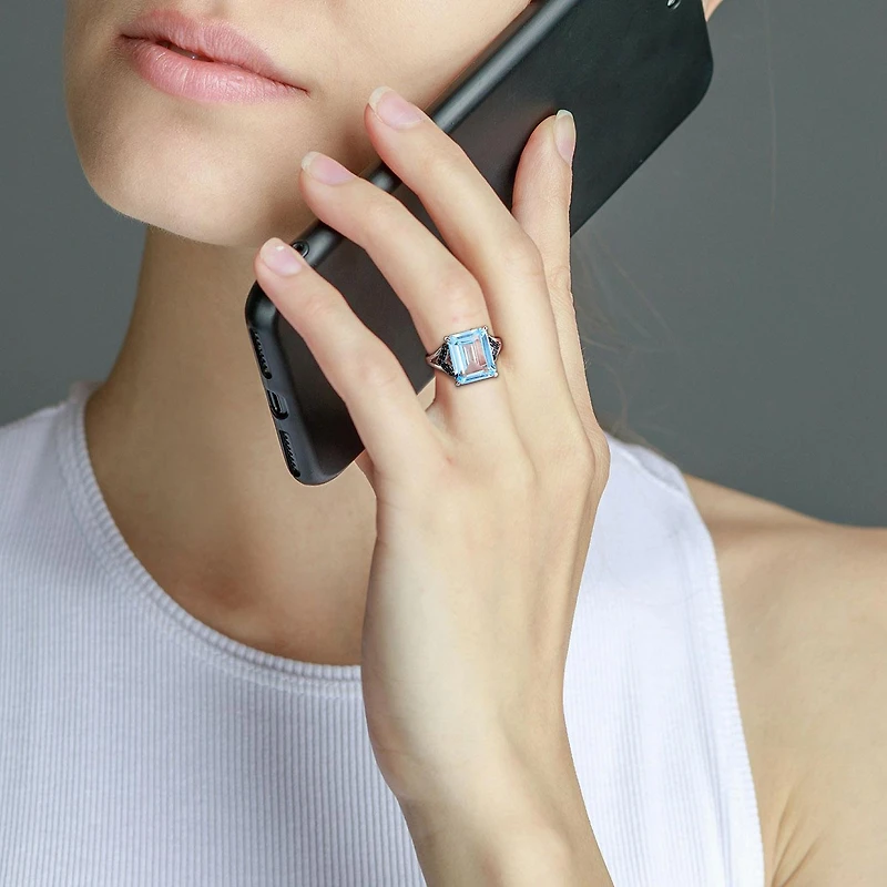 Julianna B Sterling Silver Sky Blue Topaz and Black Sapphire Ring