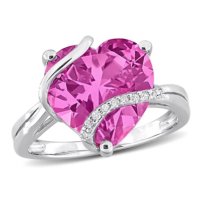 Julianna B Sterling Silver Created Pink Sapphire and Diamond Ring