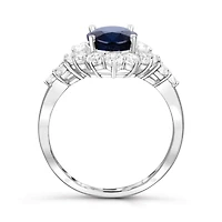 Sterling Silver Blue Sapphire & White Zircon Halo Ring