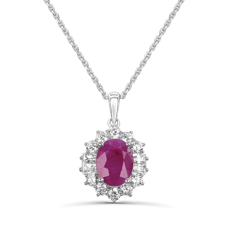 Sterling Silver 18" Ruby & White Zircon Halo Pendant